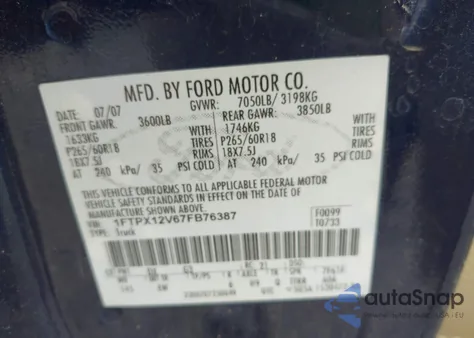 2007 Ford F-150 Lariat/Stx/Xl/Xlt from USA, damaged, VIN 1FTPX12V67FB76387